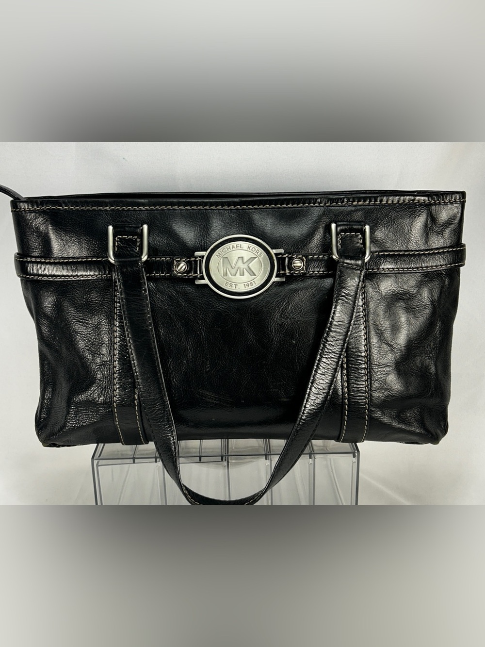 Michael Kors Black Leather Shoulder Tote with MK Emblem